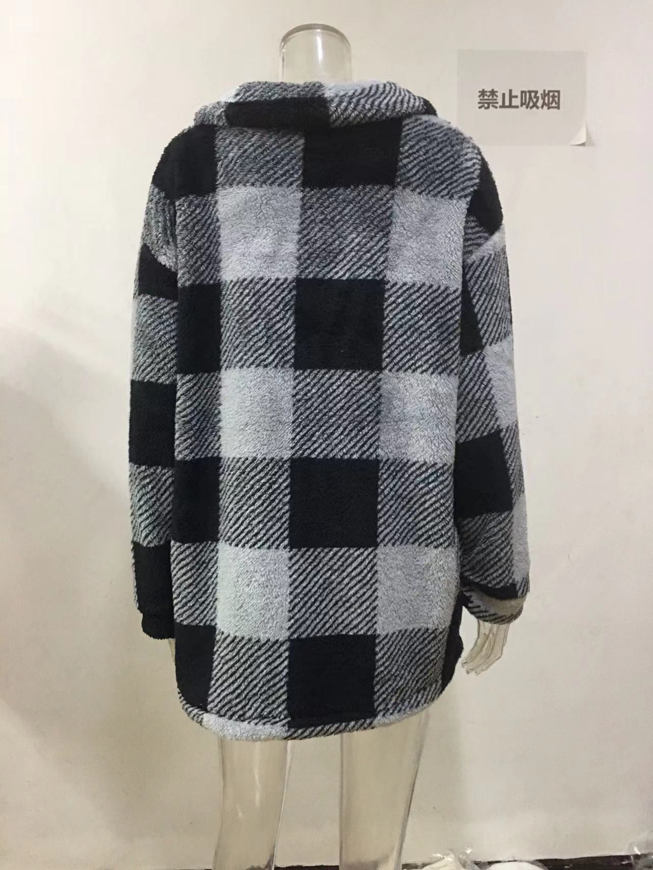 Women Autumn and Winter Pocket Plaid Sherpa Jacket Button Plush Jacket 28