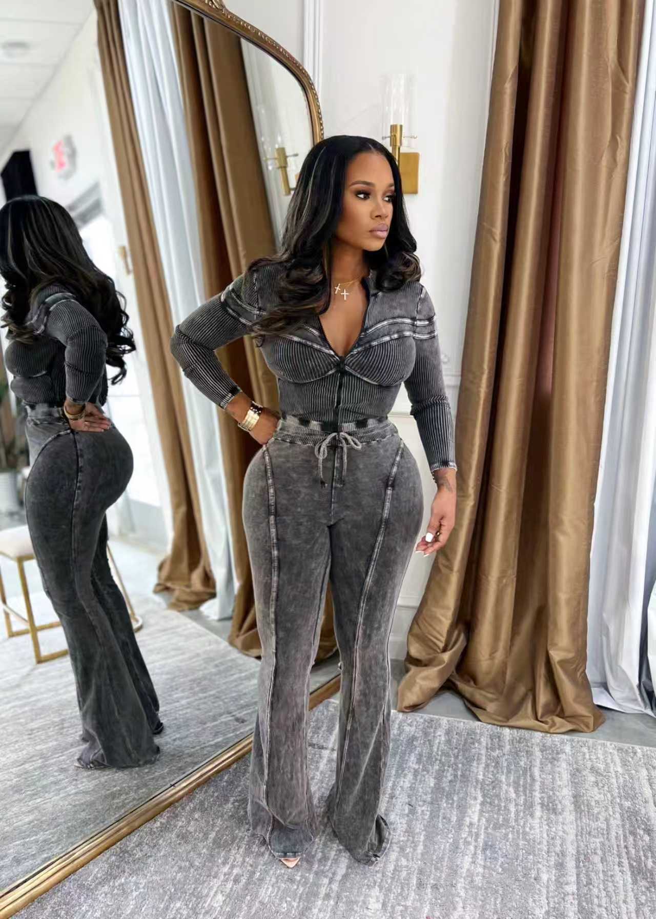 Women Fall Athletic Washed Casual Top and Pant Two-Piece Set