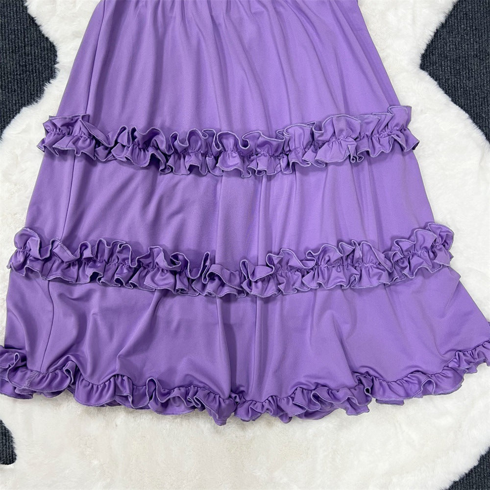 Low Back Halter Chic Ruffle Edge Sexy Slim Straps Women's Dress 18