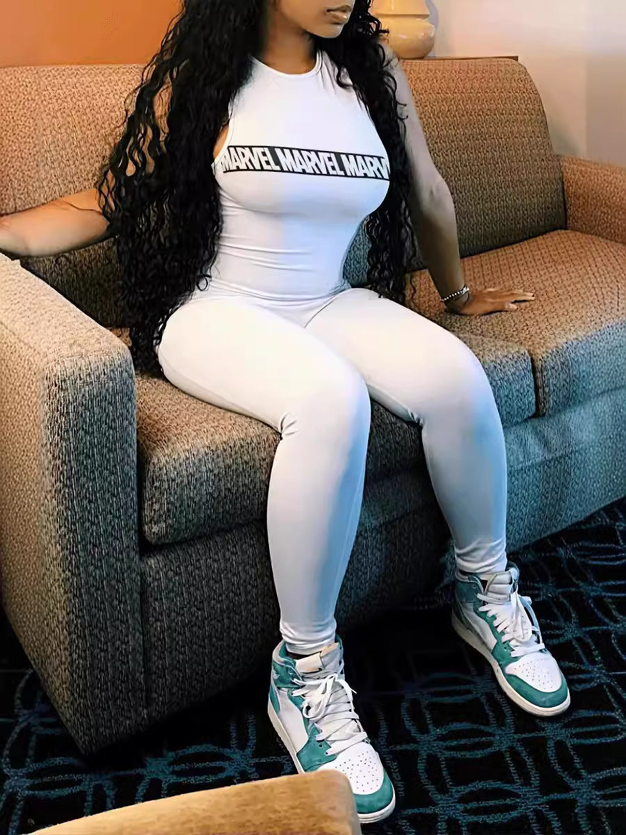 Women's Casual Sports Street Slim Letter Print Round Neck Sleeveless Jumpsuit 4