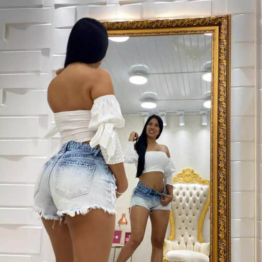 Summer Women's High Waist Slim Fit Gradient Denim Shorts 4