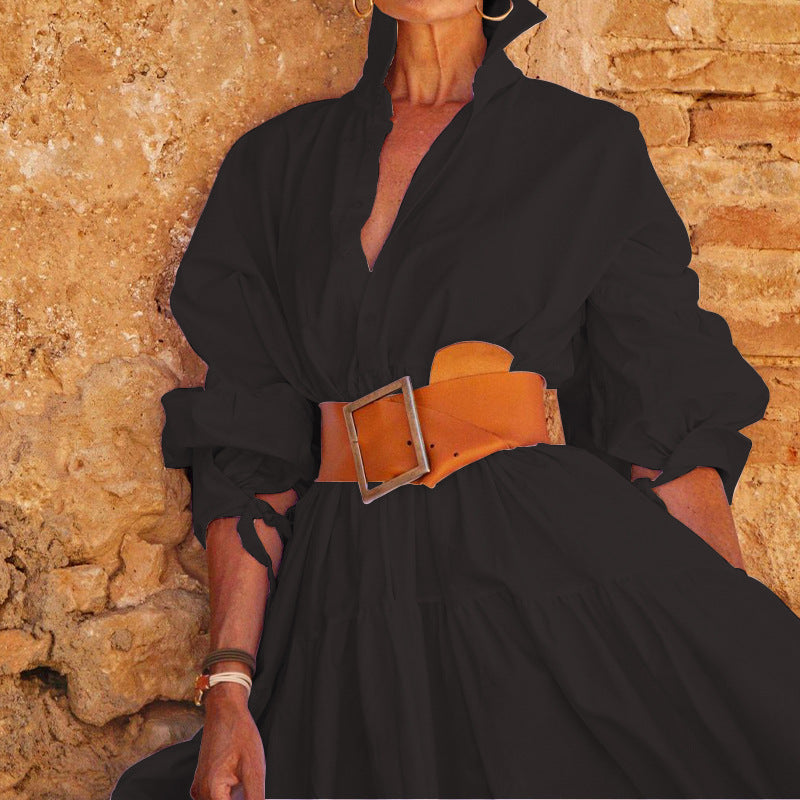 Spring Women's Fashion Chic Turndown Collar Long Sleeve Casual Midi Dress 9