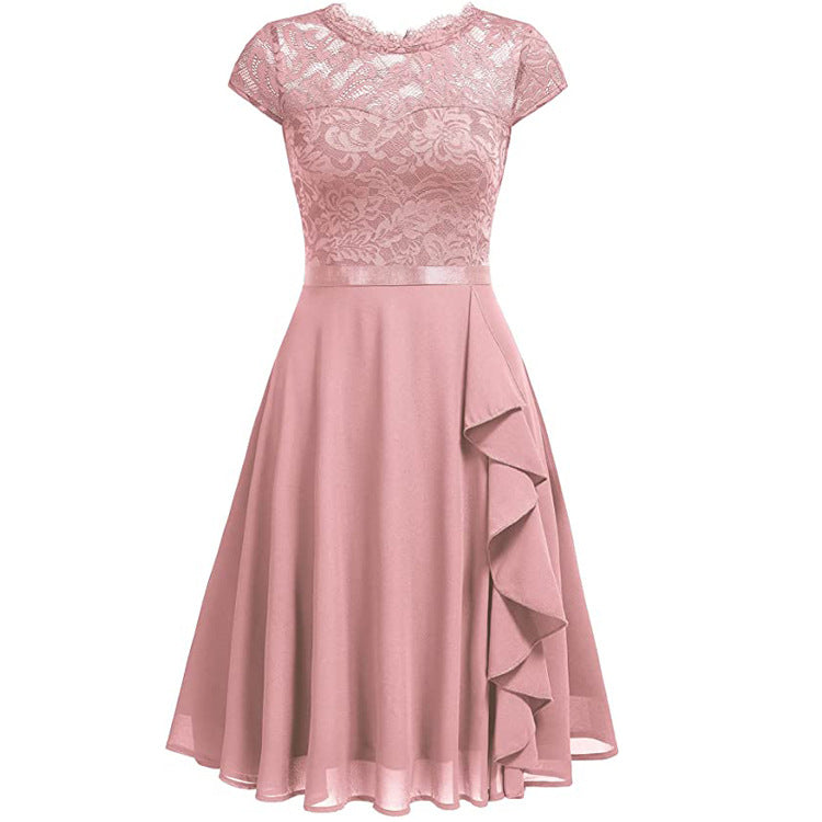 Summer Half-High Collar Short-Sleeved Lace Mid-Length Chiffon Patchwork Elastic Belt Dress 7