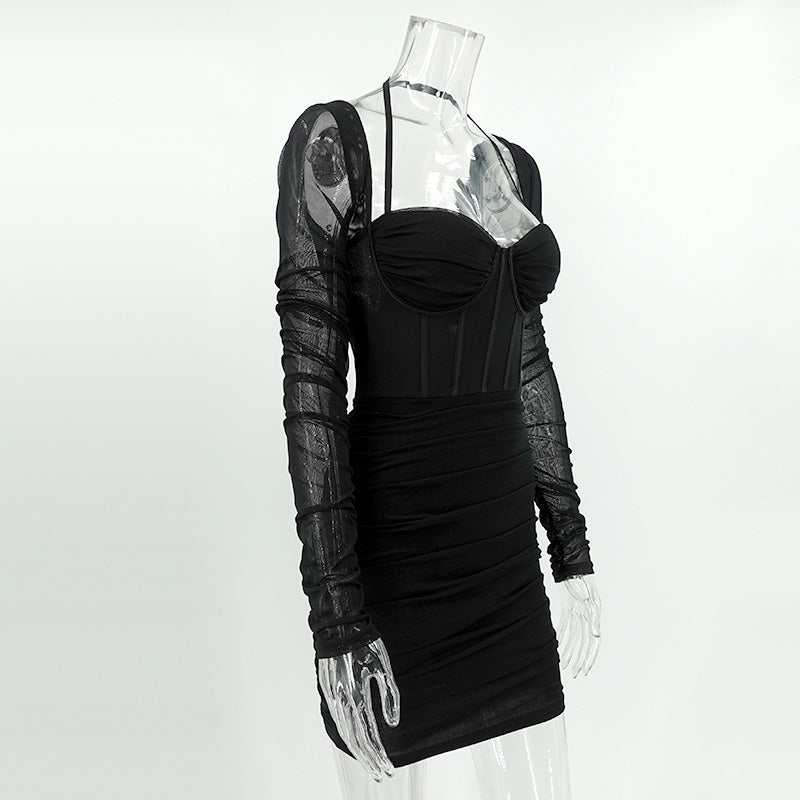 Women's mesh herringbone long sleeve Halter Neck fashion nightclub Bodycon Short dress 4