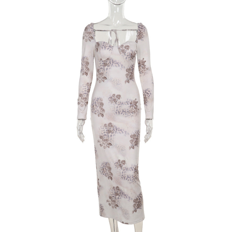 Women Fall Plunging Printed Long Sleeve Bodycon Dress 5