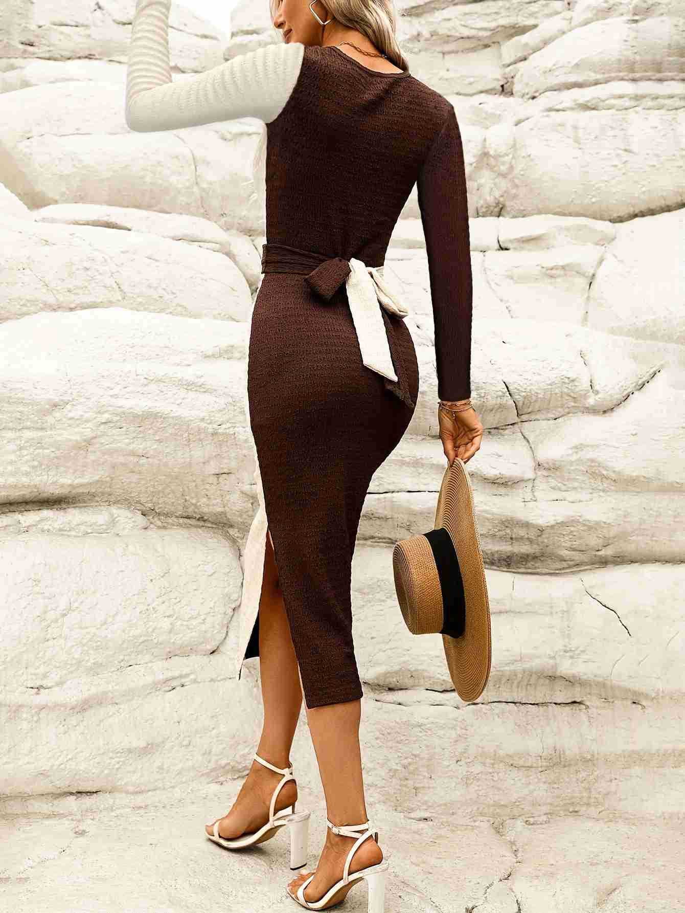 Women Crepe Knitting Stretchy Contrast Patchwork Lace-Up Bowknot Slit Long Sleeve Dress