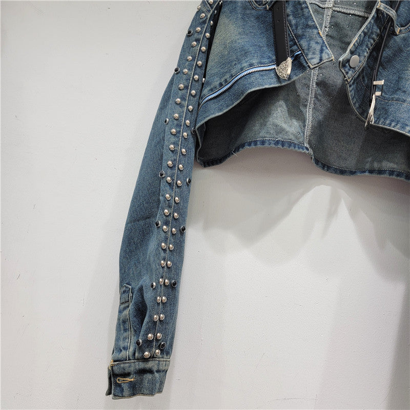 Turndown Collar Long Sleeve Beaded Decoration Street Trend Denim Jacket 5
