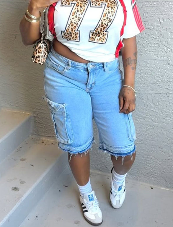 Women's Summer Washed Distressed Cargo Pocket Denim Pants