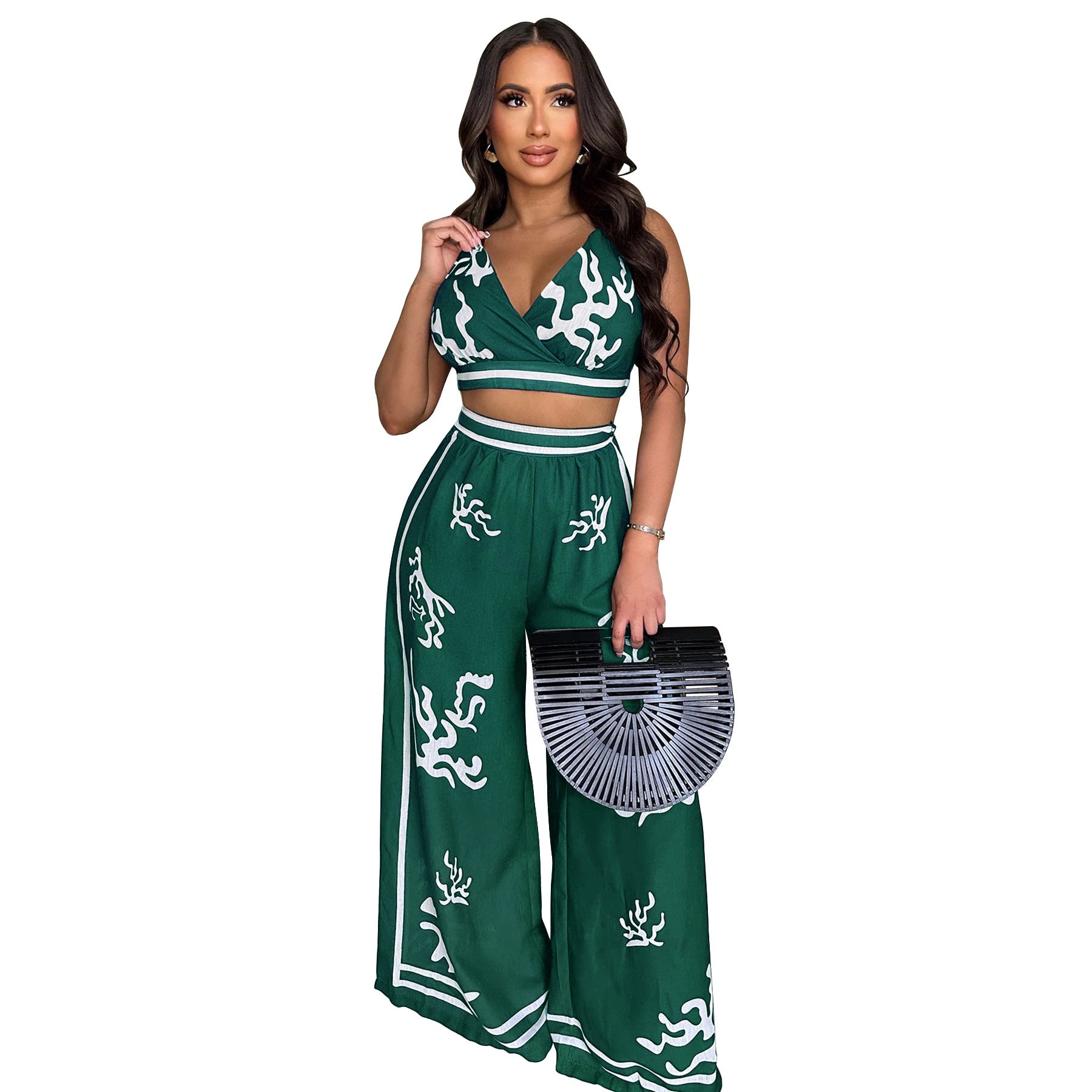 Summer Sexy Print Halter V Neck Vest Wide Leg Pants Two Piece Set 39