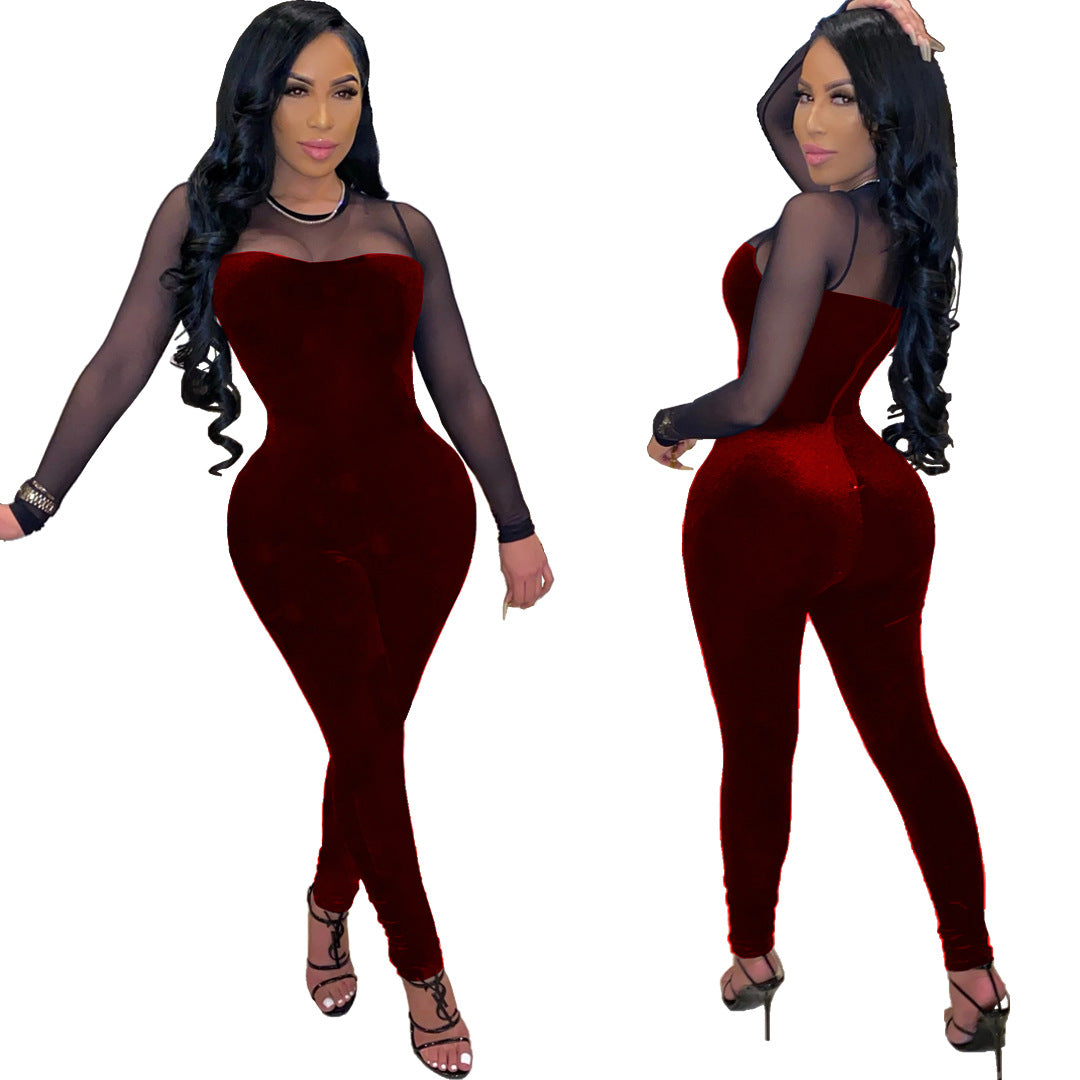 Women Sexy Solid Mesh Patchwork Zip Jumpsuit 6