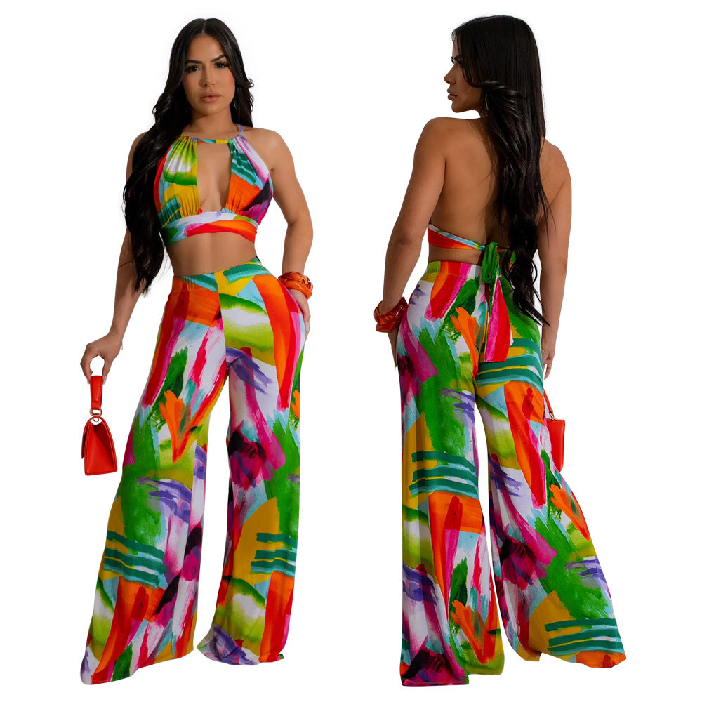 Fashionable Printed Crop Lace-Up Top Wide-Leg Pants Two-Piece Set