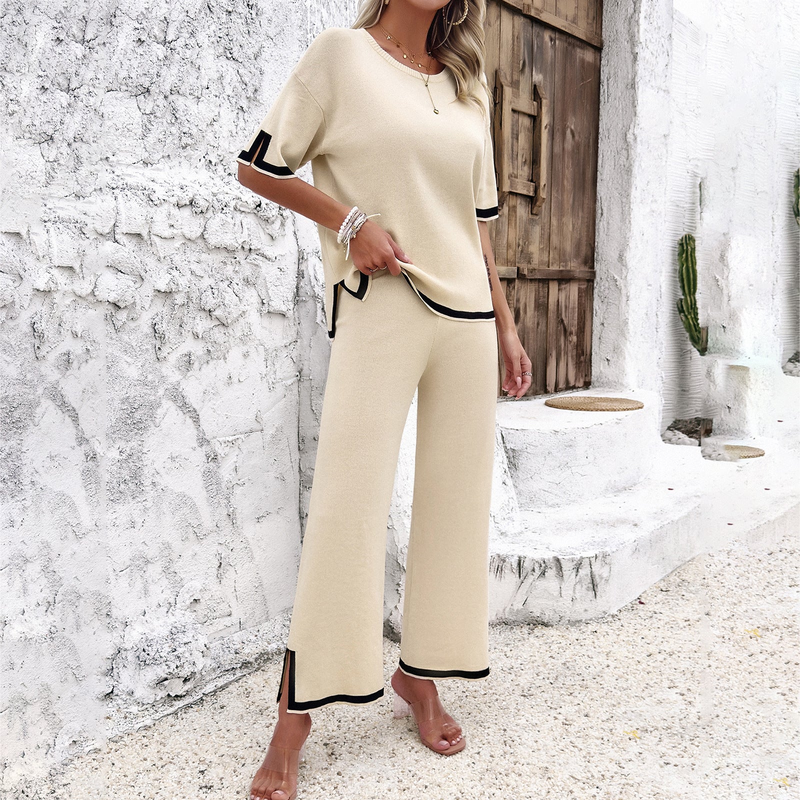 Women Chic Casual Short Sleeve Knitting Top and Pant Two-piece Set 5