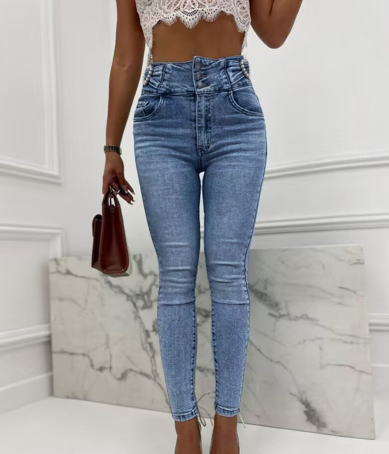 Women Pearl Button High Waist Denim Pants 3