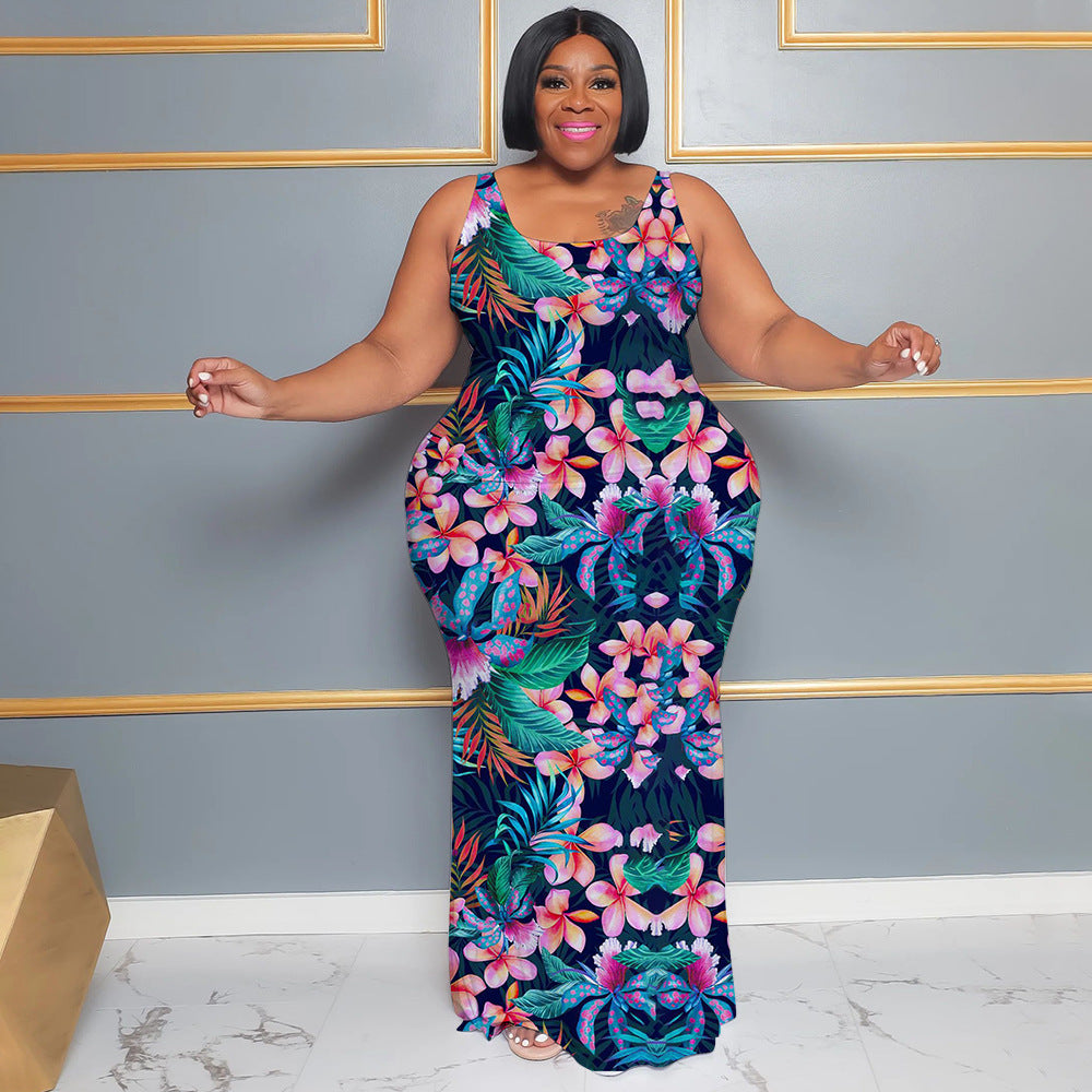 Plus Size Women's Summer Casual Sleeveless Digital Print Long Dress 9