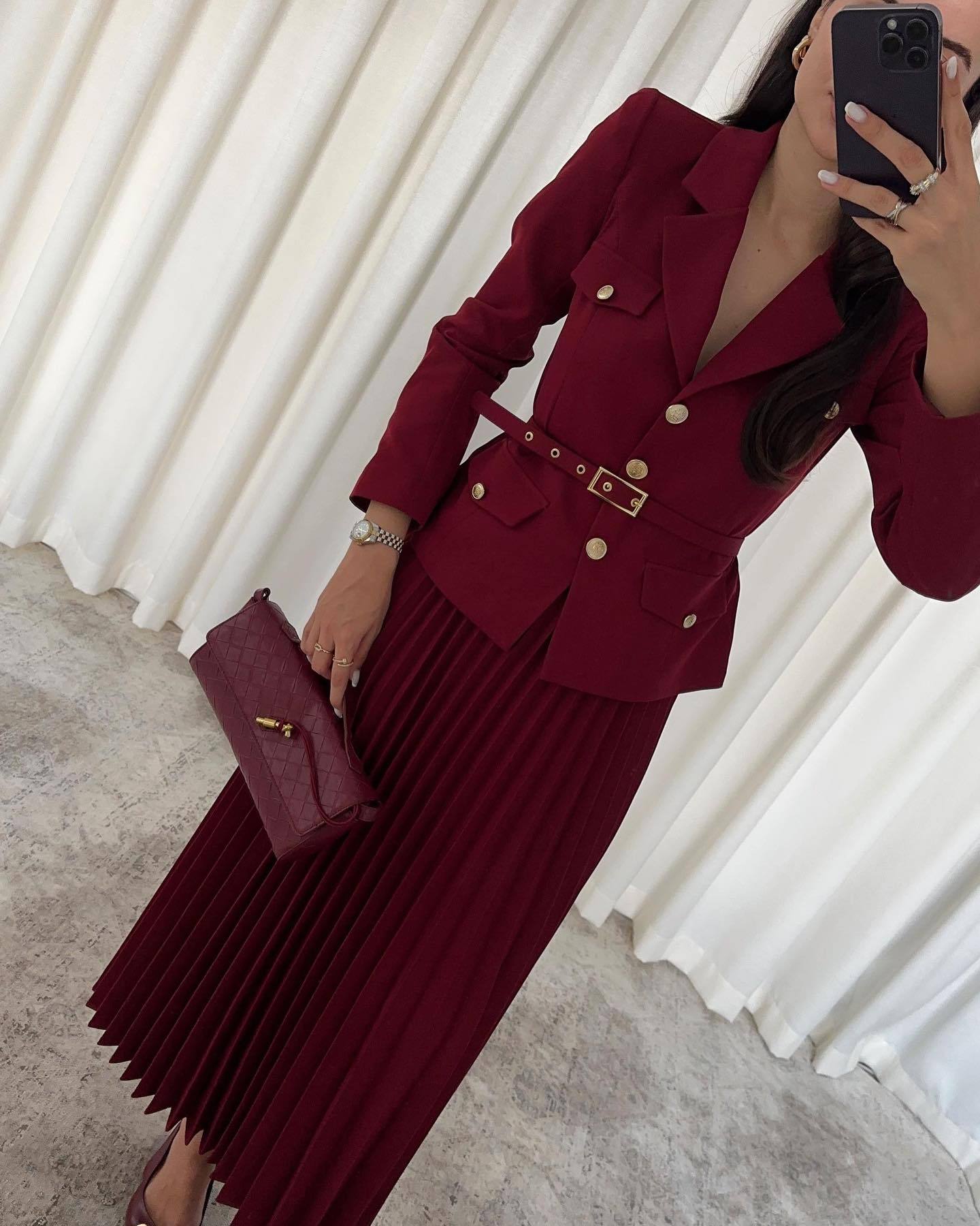 Women Button Blazer and Pleated Skirt Two Piece Set 3