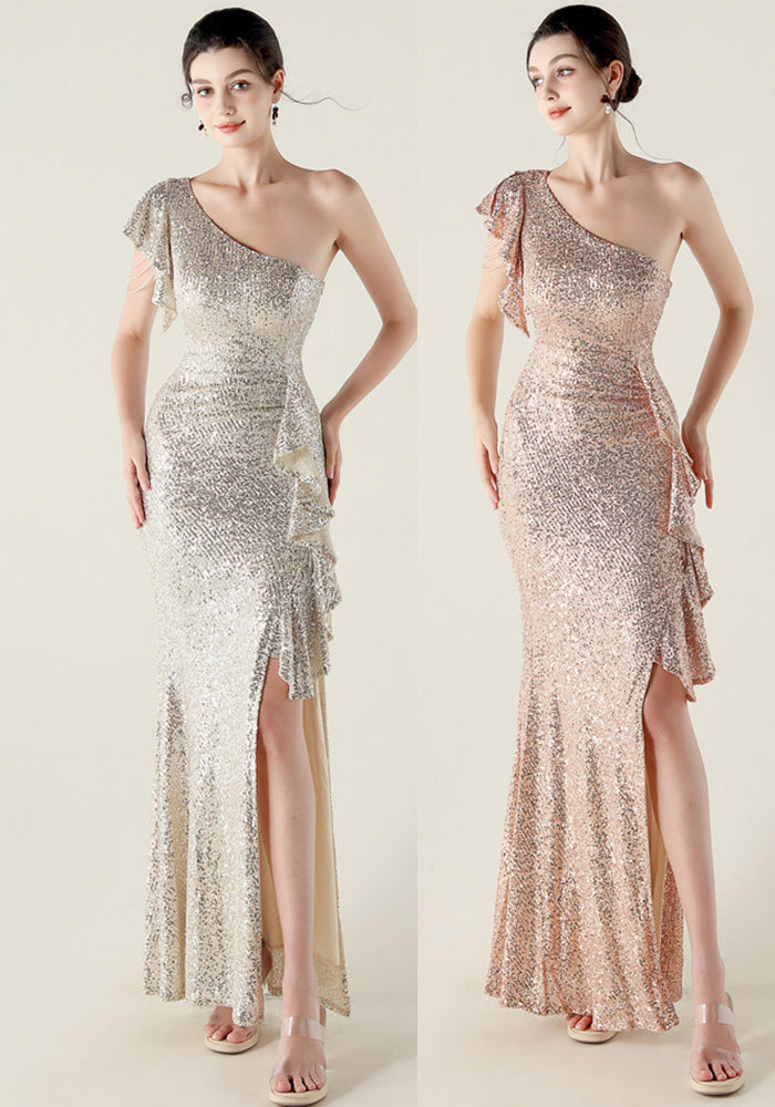 Women one-shoulder ruffled dangling beaded chain sequined Formal Party evening dress