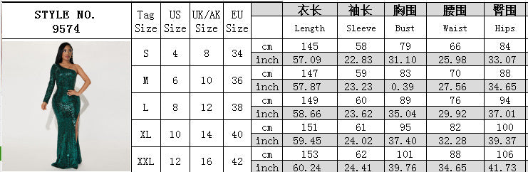 Women's One Shoulder Long Sleeve Sequined Dinner Slit Fishtail Long Dress Evening Dress 9