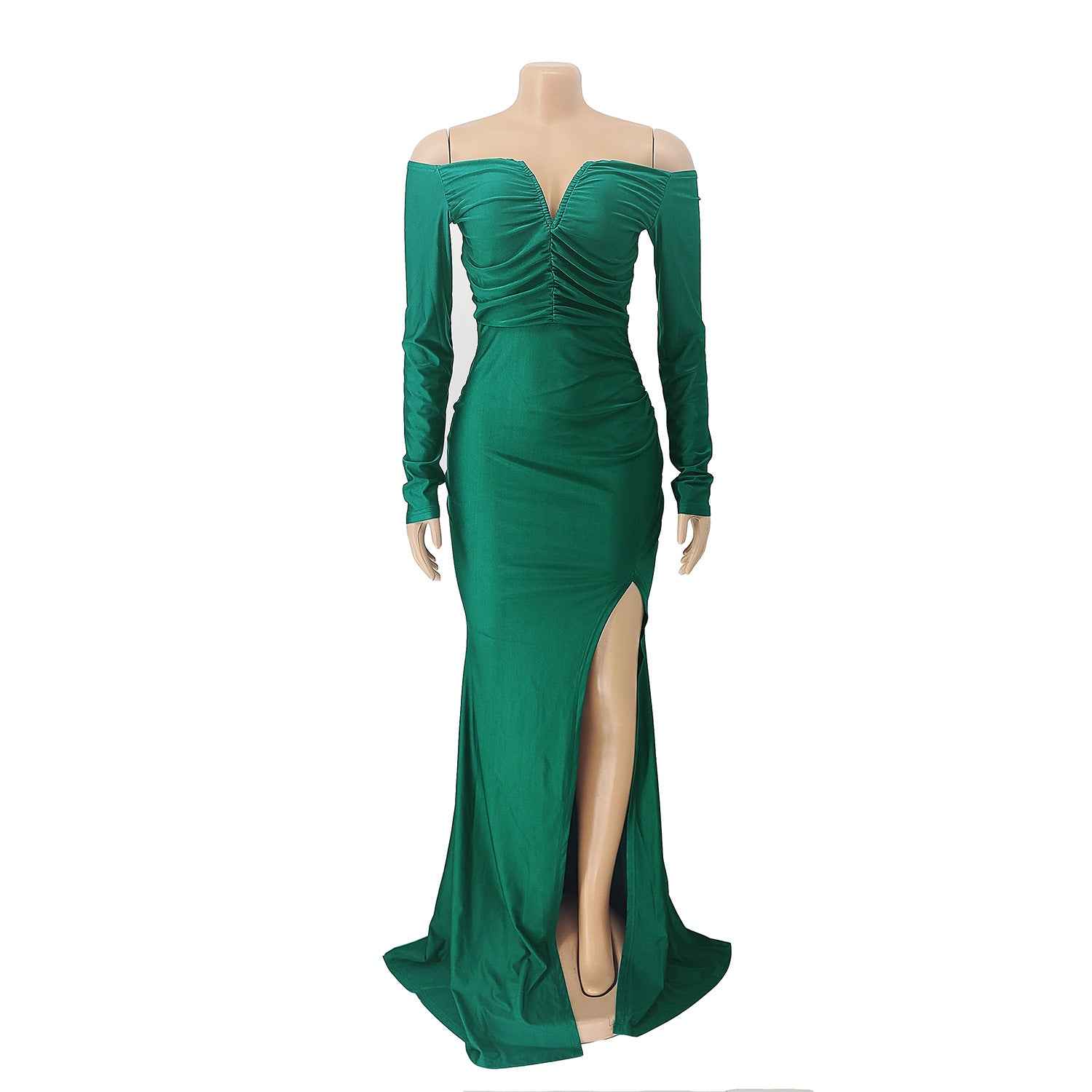 Women'S Sexy Solid Off Shoulder Long Sleeve Slit Evening Dress 18