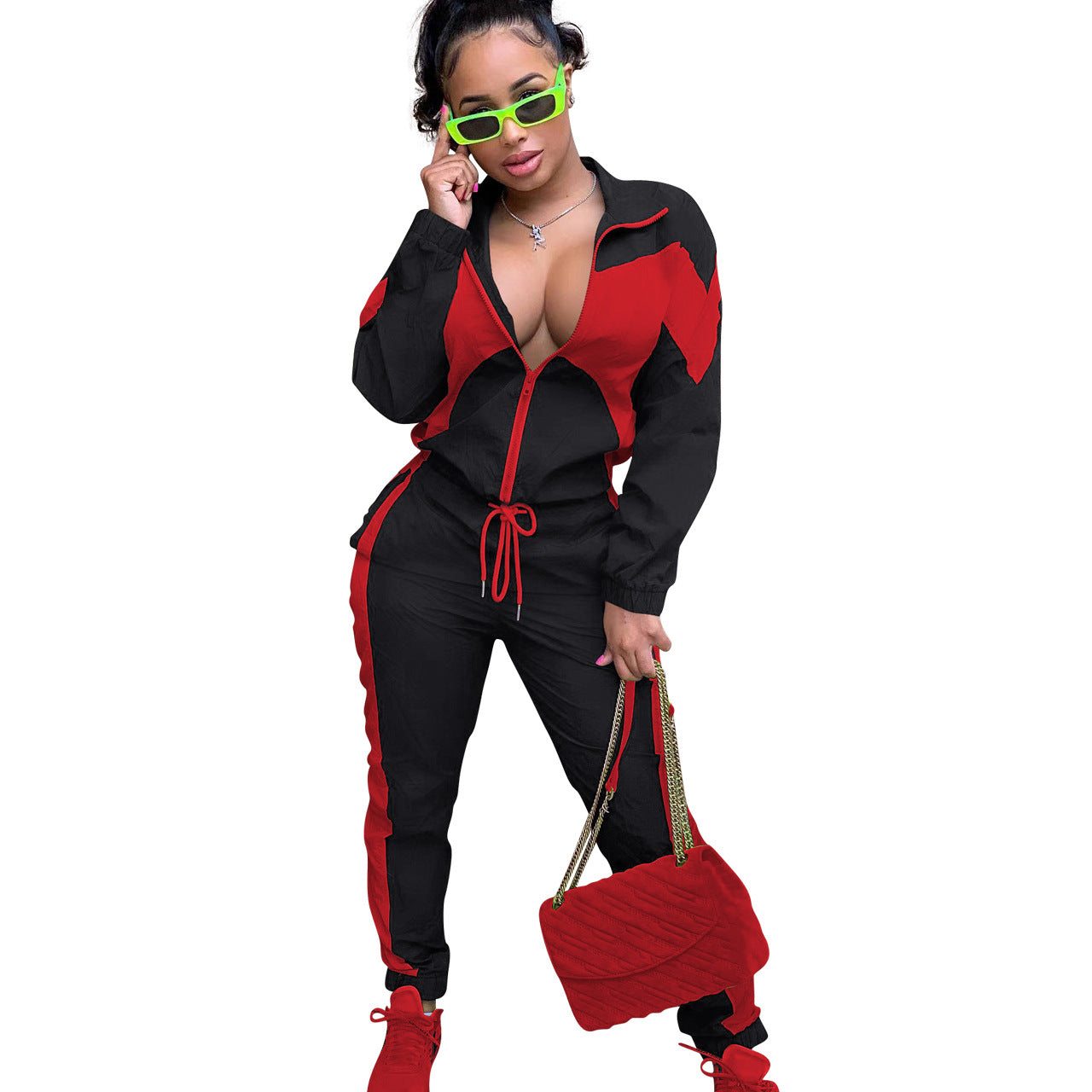 Women'S Casual Fashion Colorblock Zipper Two Piece Women'S Sport Pants Set 10