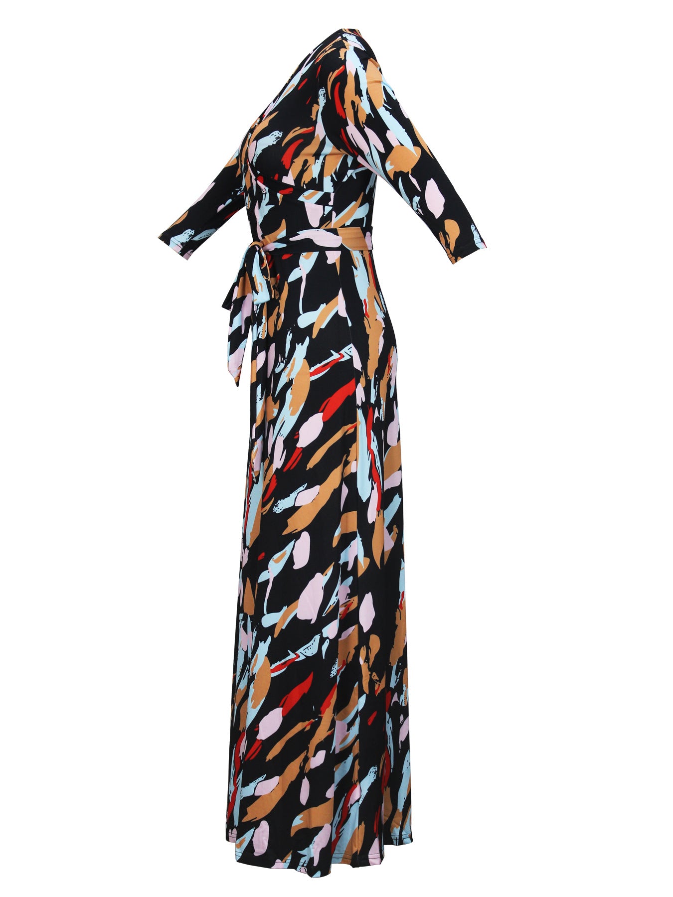 Spring & Autumn Women's Fashion Elegant Wrap V-Neck Half-Sleeve Print Belt Maxi Dress 123