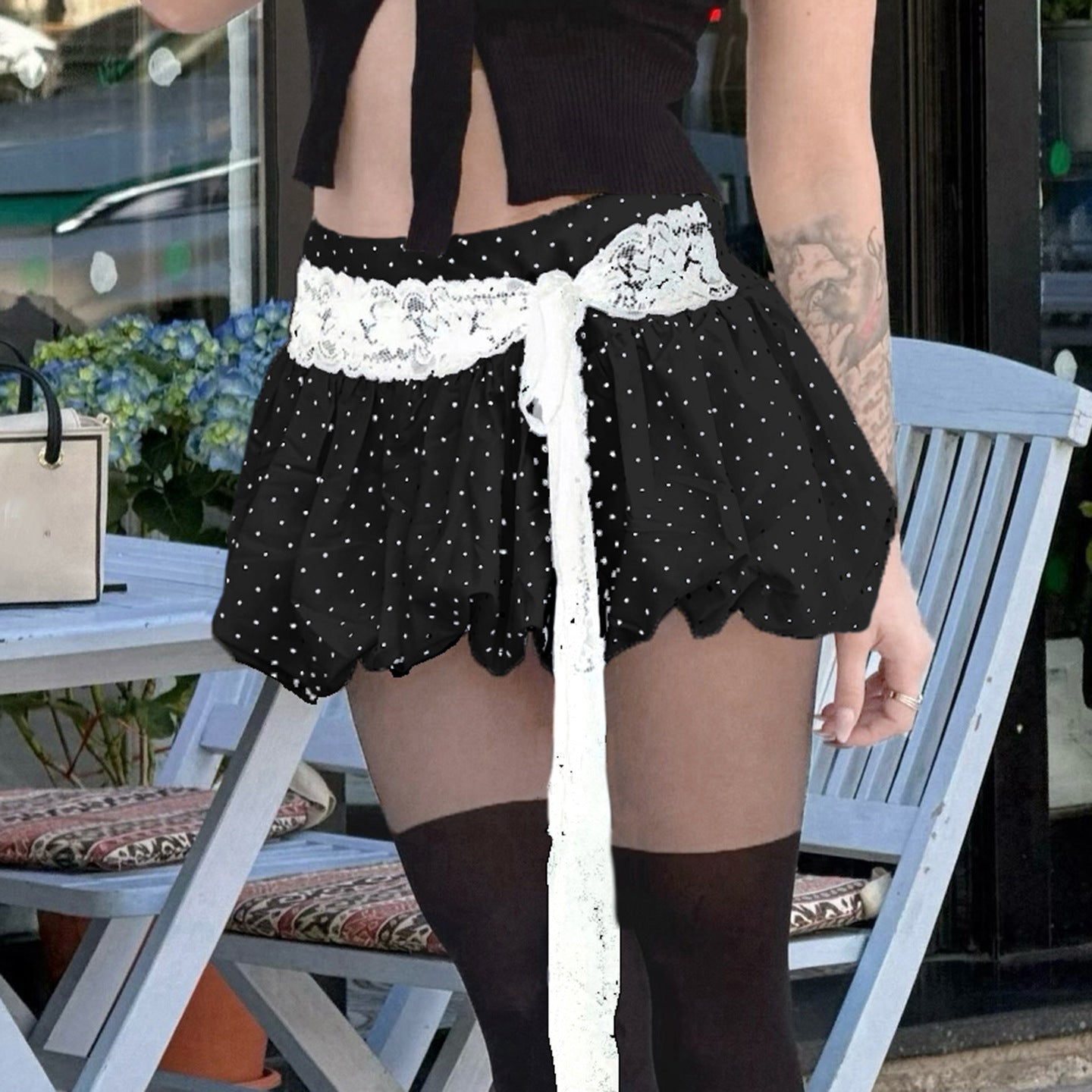 Women Summer French Lace Polka Dot Contrast Flower Bud Mini Dress 3