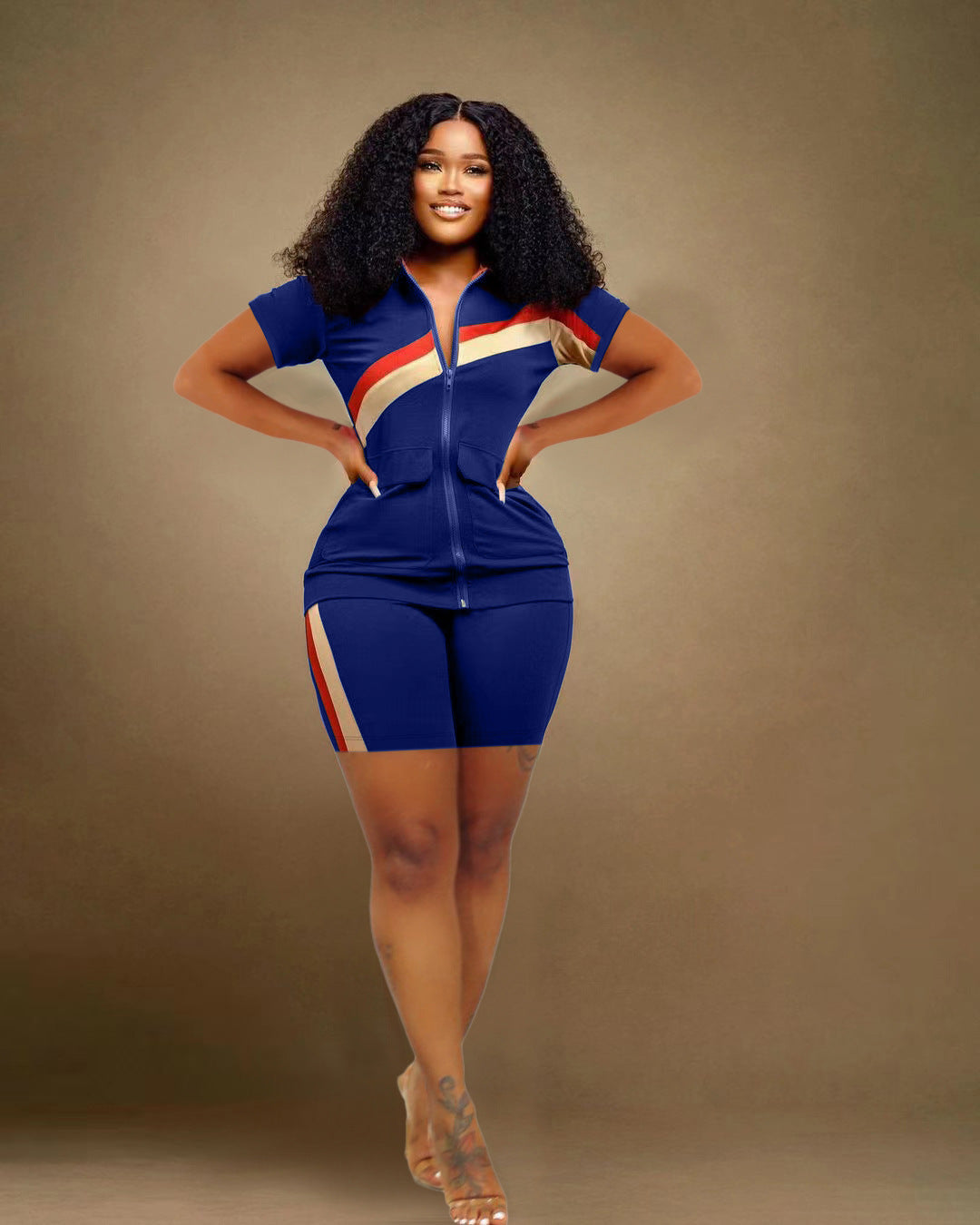 Women's Sports Casual Fashion Zip Pocket Top Shorts Two-Piece Set 4