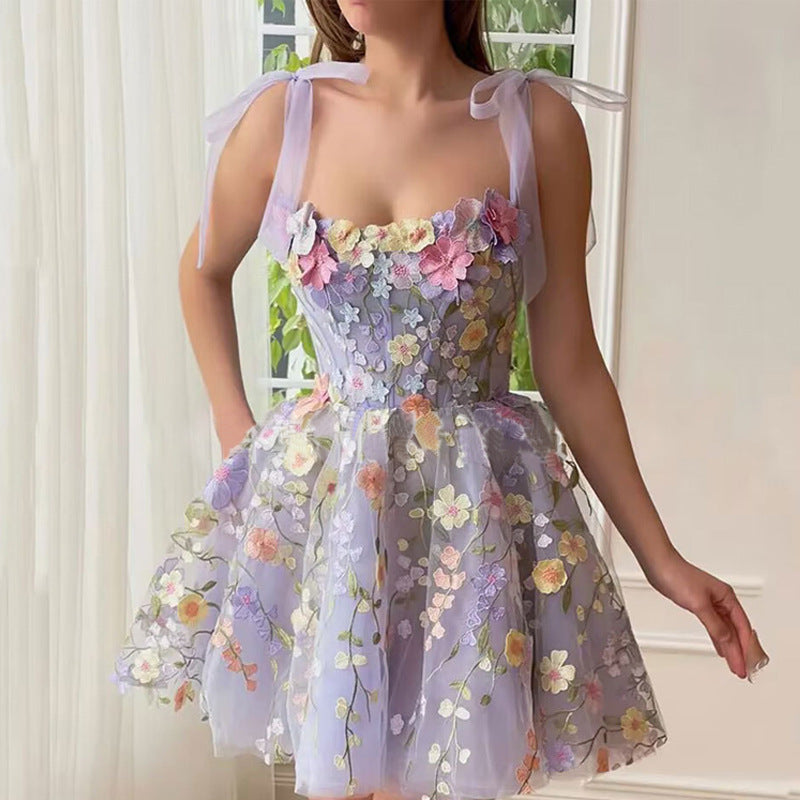 Women's Fashion Flower Embroidery Sexy Strap Bodycon Dress 4