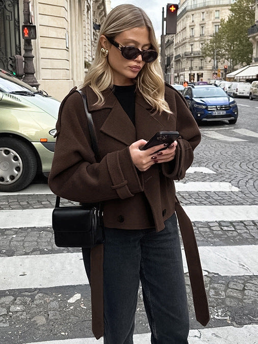 Autumn And Winter Turndown Collar Chic Double Breasted Fashion Woolen Coat 3