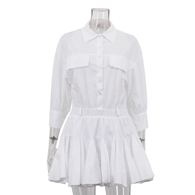 Women's Casual Cotton Turn-Down Collar 3/4 Sleeve A-Line Shirt Dress 7