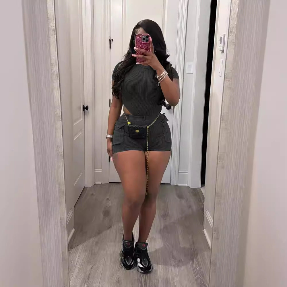 Women's Casual Solid Color  Short Sleeve Bodysuit Shorts Two Piece Set 12