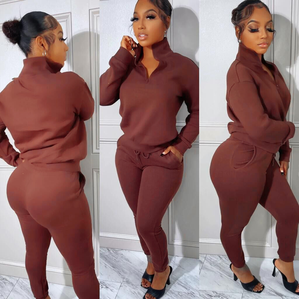 Women Winter Casual Zipper Sports Top and Pant Two Piece Set 5