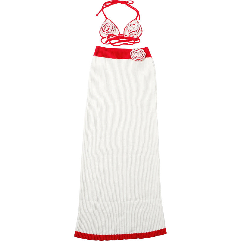 Women's Autumn Sexy Knitting Crochet Halter Neck Camisole Color Block Slim Skirt Set 10