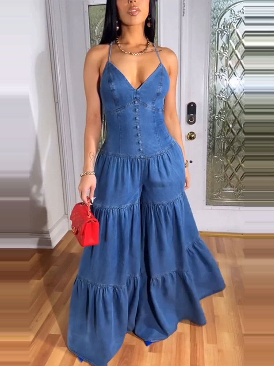 Spring Women's Sweet Sexy V-Neck Strap Low-Back Wide Leg Jumpsuit 3