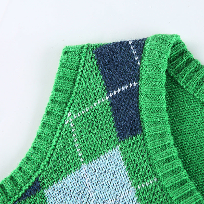 Women Solid Plaid Sleeveless V-Neck Sweater 57