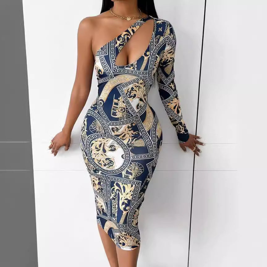 Spring Women's Print Hollow Slash Shoulder Bodycon Dress 4