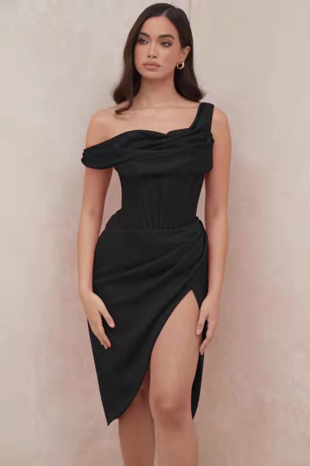 Spring Summer Sexy One Shoulder Patchwork Irregular Slit Dress 14