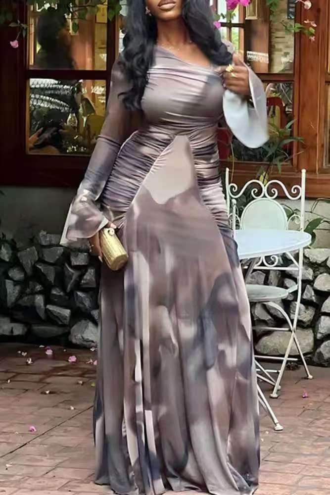 Women Autumn Printed Slash Shoulder Pleated Maxi Dress 3