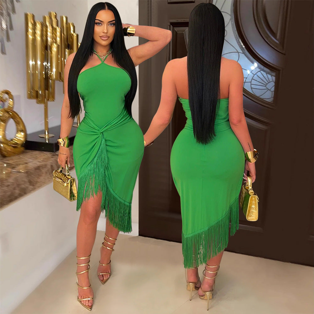Women's Summer Sleeveless Halter neck Tassel Long Irregular Dress
