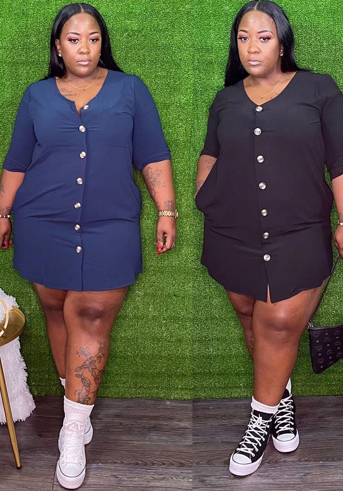 Plus Size Women Solid Loose Pocket Dress 4