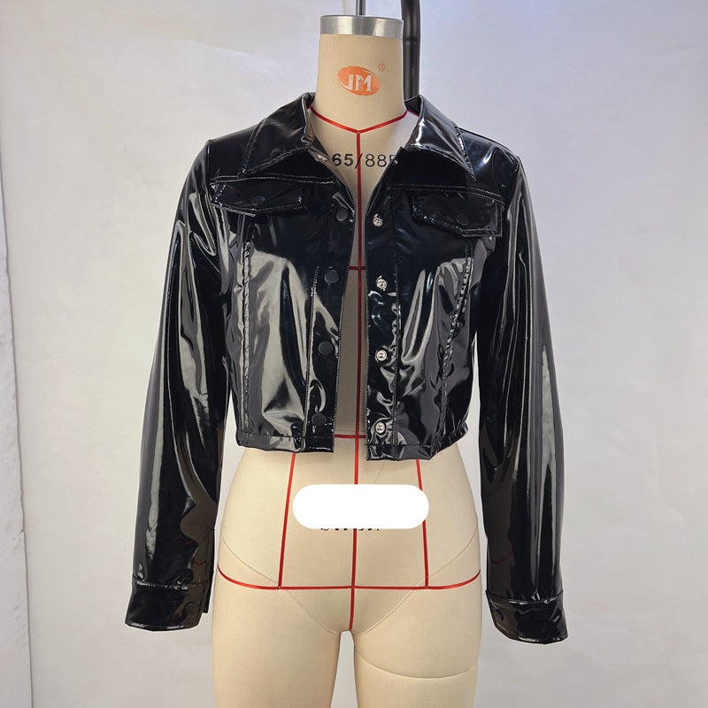 Women's Turndown Collar Pu Long Sleeve Women's Single Breasted Leather Jacket 6