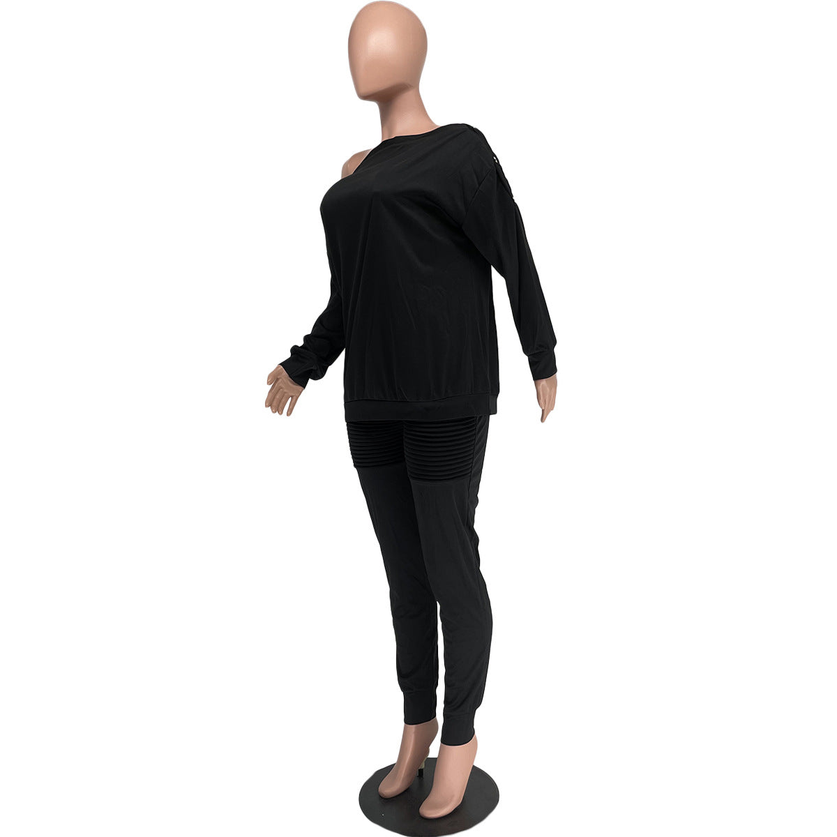 Autumn And Winter Women's Clothing Buttoned Off Shoulder Top Pants Casual Two-Piece Set 23