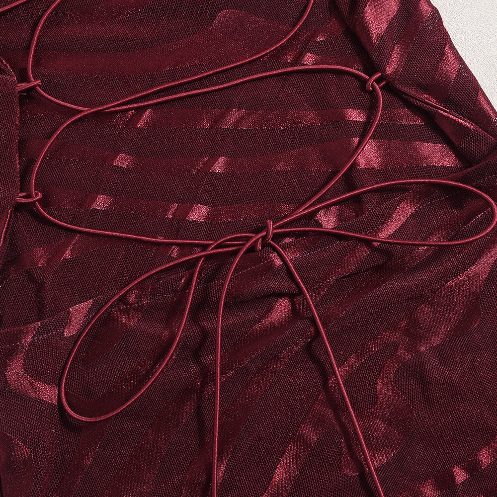 Autumn Women Low Back Slit Lace-Up Jacquard Strap Dress 11