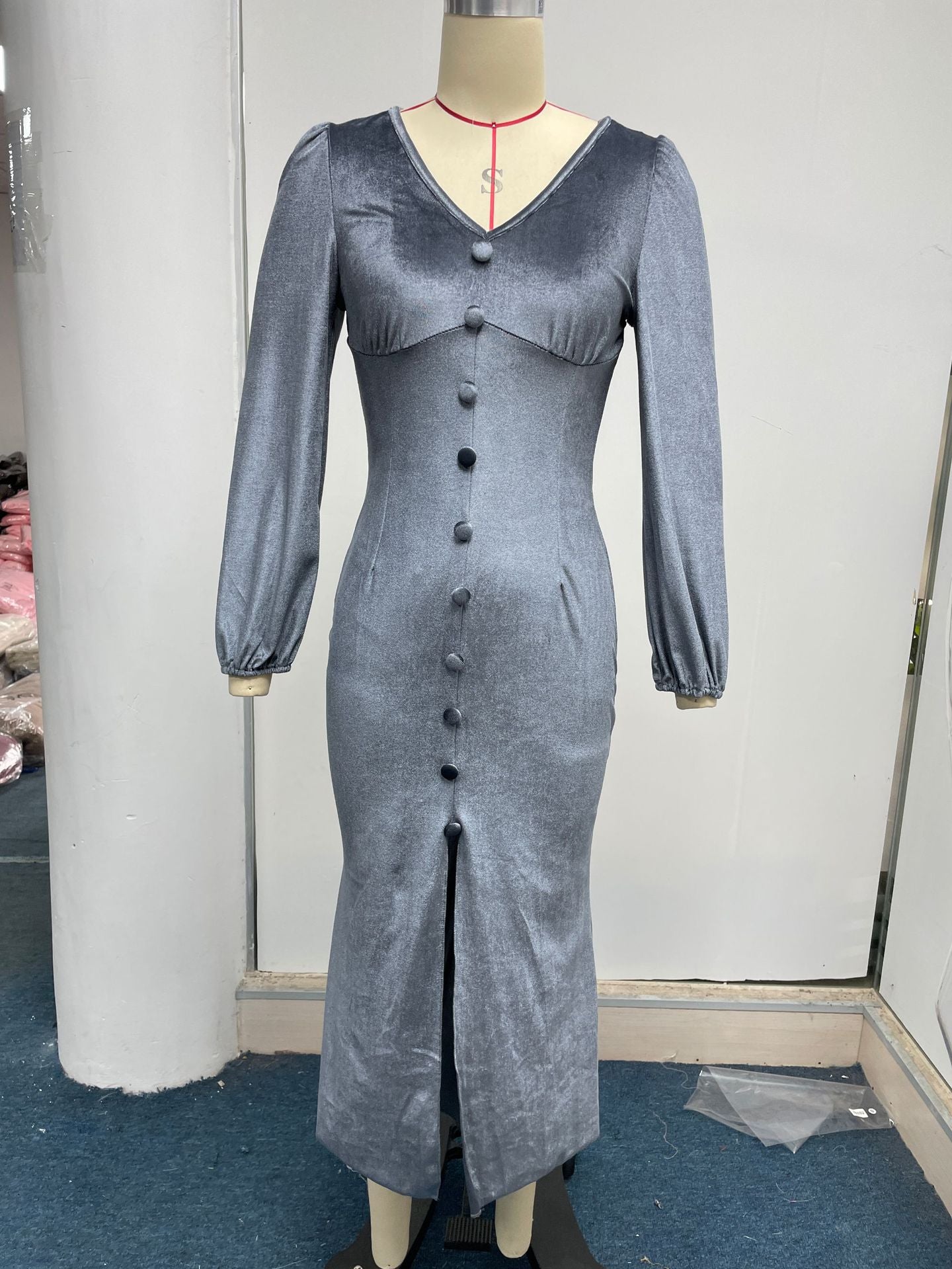 Women Autumn Knittingv Collar Solid Padded Shoulder Long Sleeve Slit Evening Dress 38