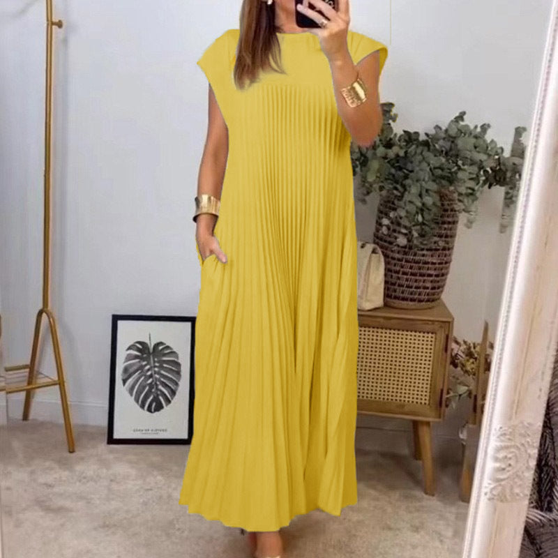 Autumn women's elegant fashion Round Neck sleeveless pleated long dress 13