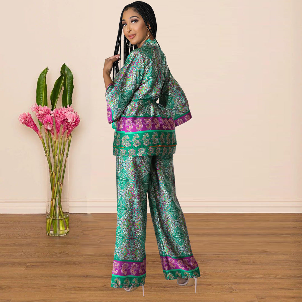 Women Long Sleeve Printed Top + Wide Leg Pants Two Piece Set 6