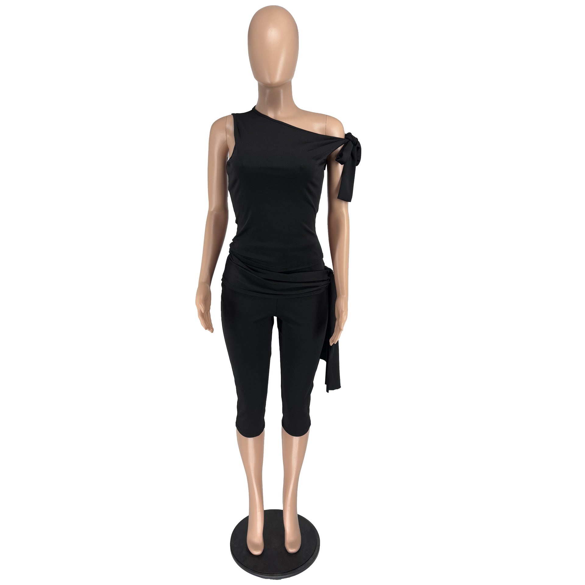 Women Summer Slash Shoulder Lace-Up Casual Solid Top and Shorts Two Piece Set 14