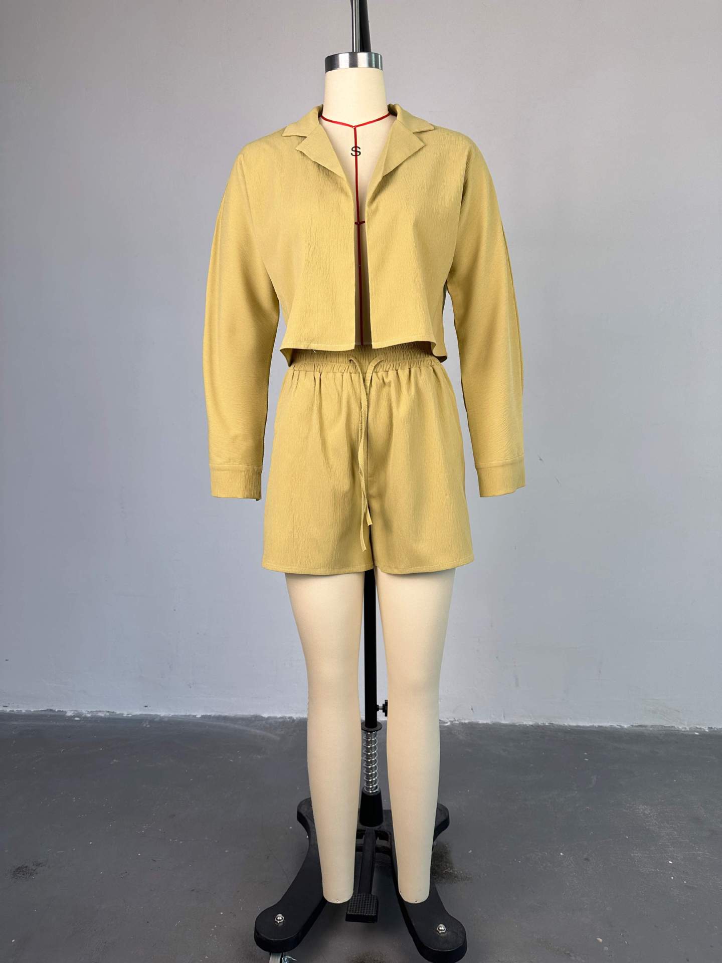 Women Summer Casual Turndown Collar long-sleeved shirt And drawstring shorts two-piece set 14