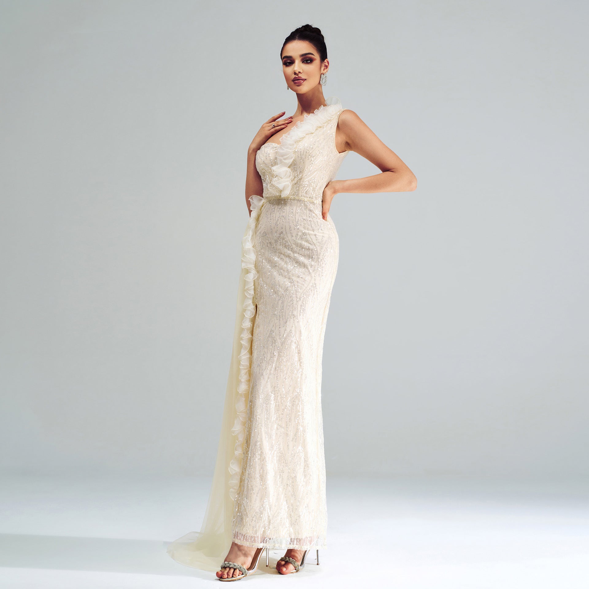 Slash Shoulder Formal Party Sequin Slit Evening Dress 5