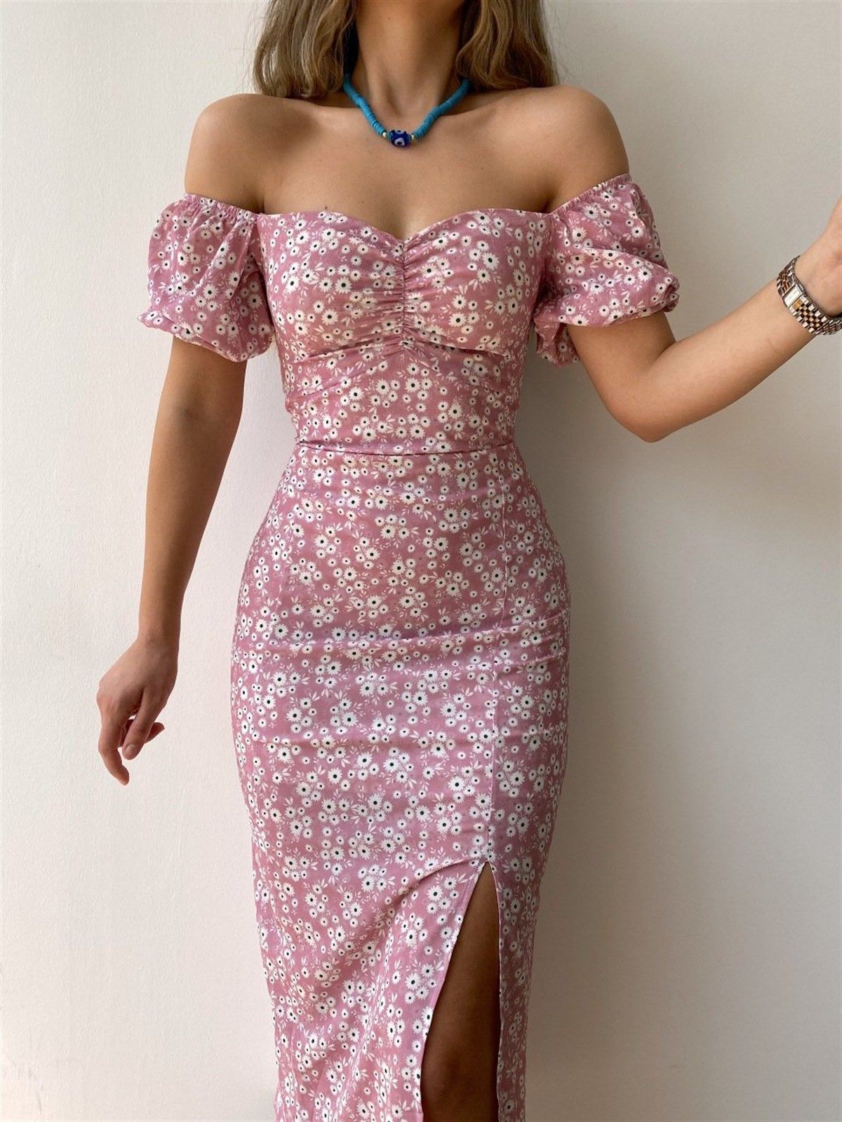 Women'S Off Shoulder Dress Classic Floral Elegant Slim Fit Slit Dress 7