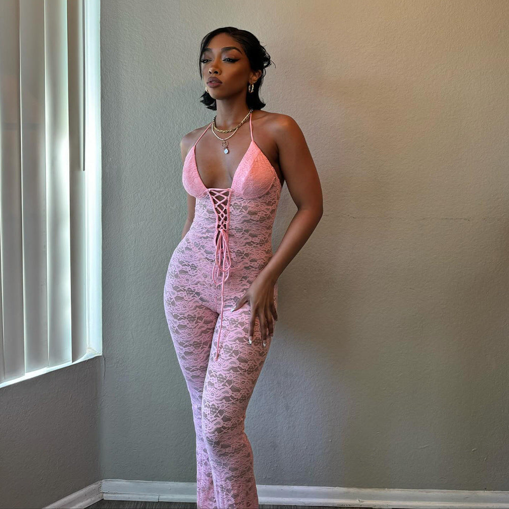 Spring Sexy Fashion See-Through Hollow Lace Low Back Halter Neck Slim Women's Summer Jumpsuit 4
